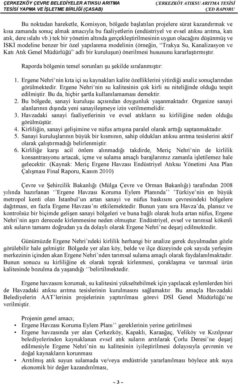 kuruluşun) önerilmesi hususunu kararlaştırmıştır. Raporda bölgenin temel sorunları şu şekilde sıralanmıştır: 1.