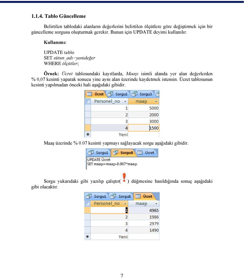 Kullanımı: UPDATE tablo SET sütun_adı=yenideğer WHERE ölçütler; Örnek: Ücret tablosundaki kayıtlarda, Maaşı isimli alanda yer alan değerlerden % 0,07 kesinti