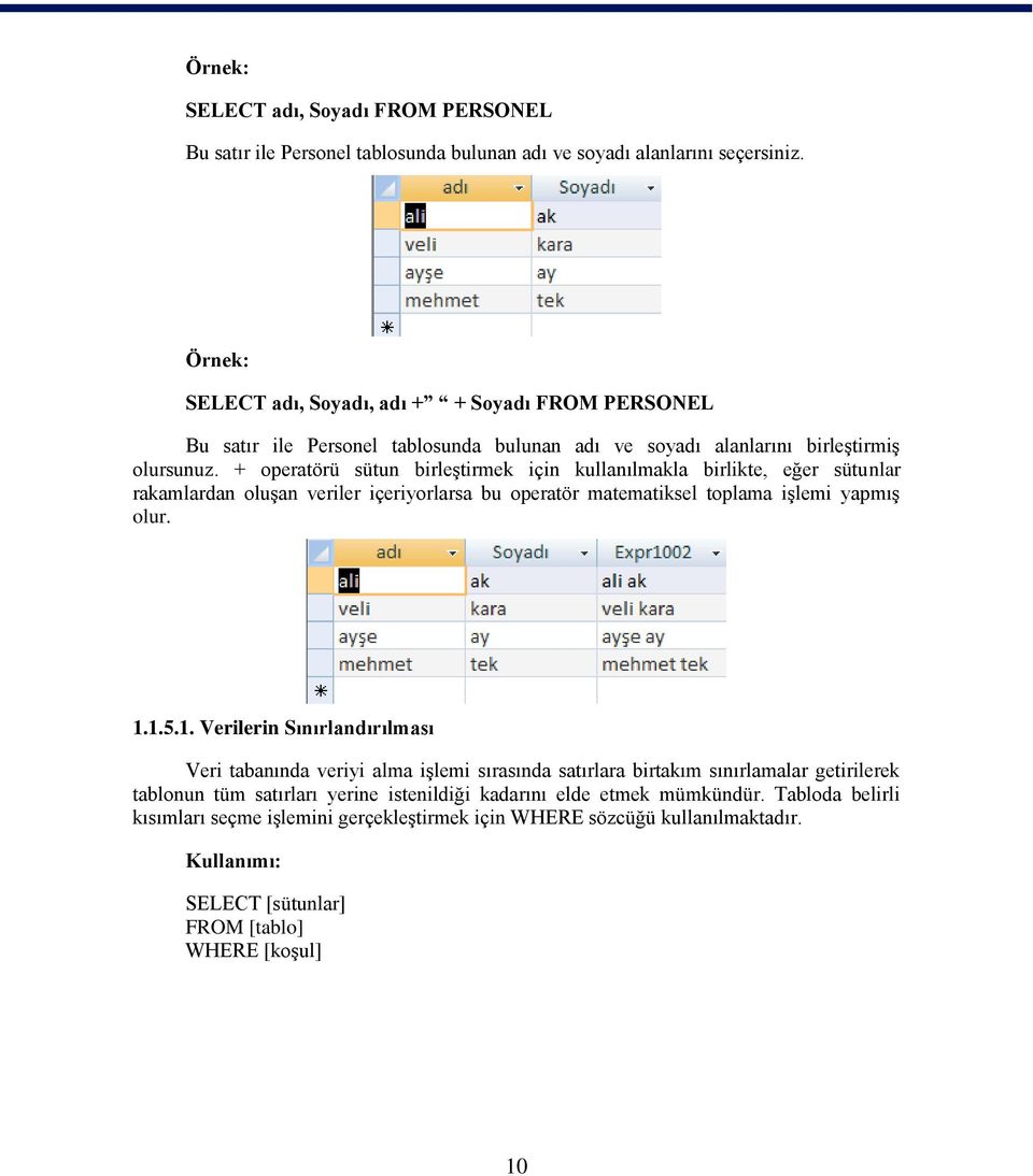 + operatörü sütun birleştirmek için kullanılmakla birlikte, eğer sütunlar rakamlardan oluşan veriler içeriyorlarsa bu operatör matematiksel toplama işlemi yapmış olur. 1.