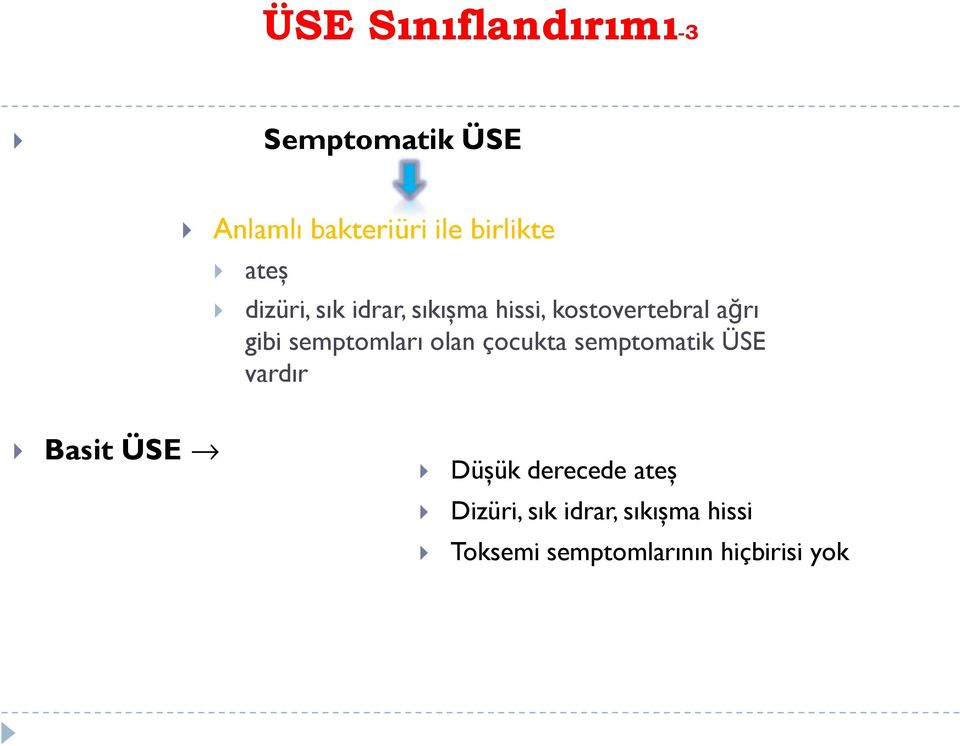 semptomları olan çocukta semptomatik ÜSE vardır Basit ÜSE Düşük