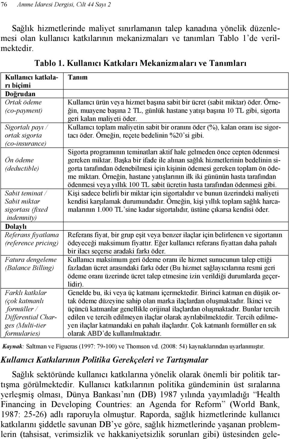 Referans fiyatlama (reference pricing) Fatura dengeleme (Balance Billing) Farklı katkılar (çok katmanlı formüller / Differential Charges (Multi-tier formularies) Tablo 1.