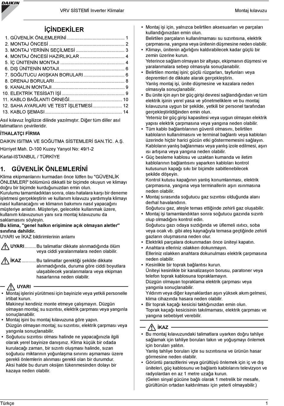 SAHA AYARLARI VE TEST İŞLETMESİ... 12 13. KABLO ŞEMASI... 14 Asıl kılavuz İngilizce dilinde yazılmıştır. Diğer tüm diller asıl talimatların çevirileridir.