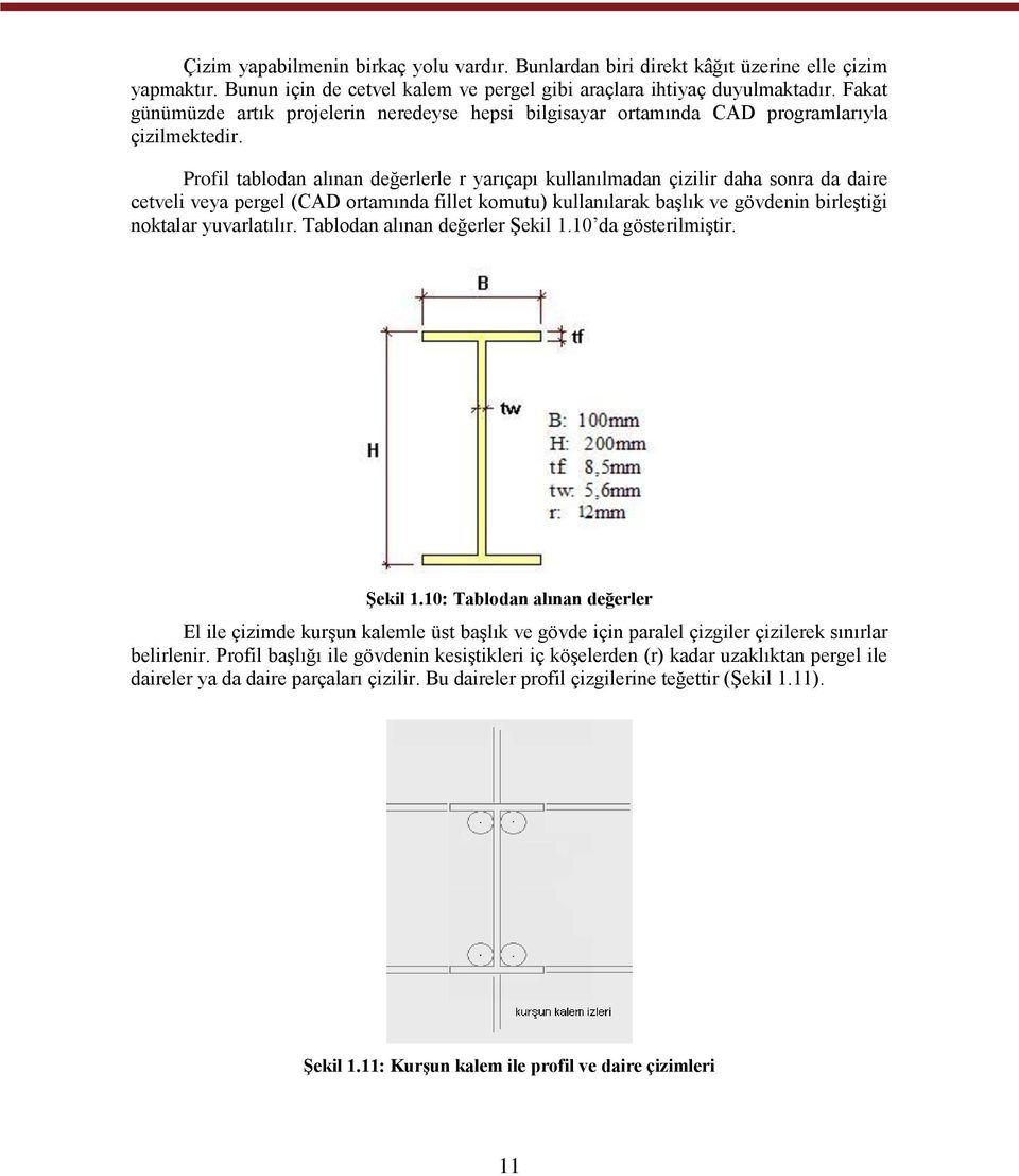 Profil tablodan alınan değerlerle r yarıçapı kullanılmadan çizilir daha sonra da daire cetveli veya pergel (CAD ortamında fillet komutu) kullanılarak baģlık ve gövdenin birleģtiği noktalar