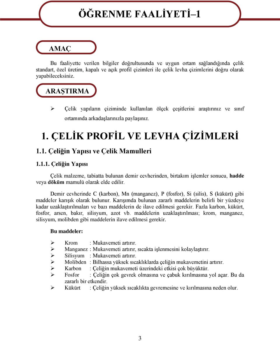 ÇELĠK PROFĠL VE LEVHA ÇĠZĠMLERĠ 1.1. Çeliğin Yapısı ve Çelik Mamulleri 1.1.1. Çeliğin Yapısı Çelik malzeme, tabiatta bulunan demir cevherinden, birtakım iģlemler sonucu, hadde veya döküm mamulü olarak elde edilir.