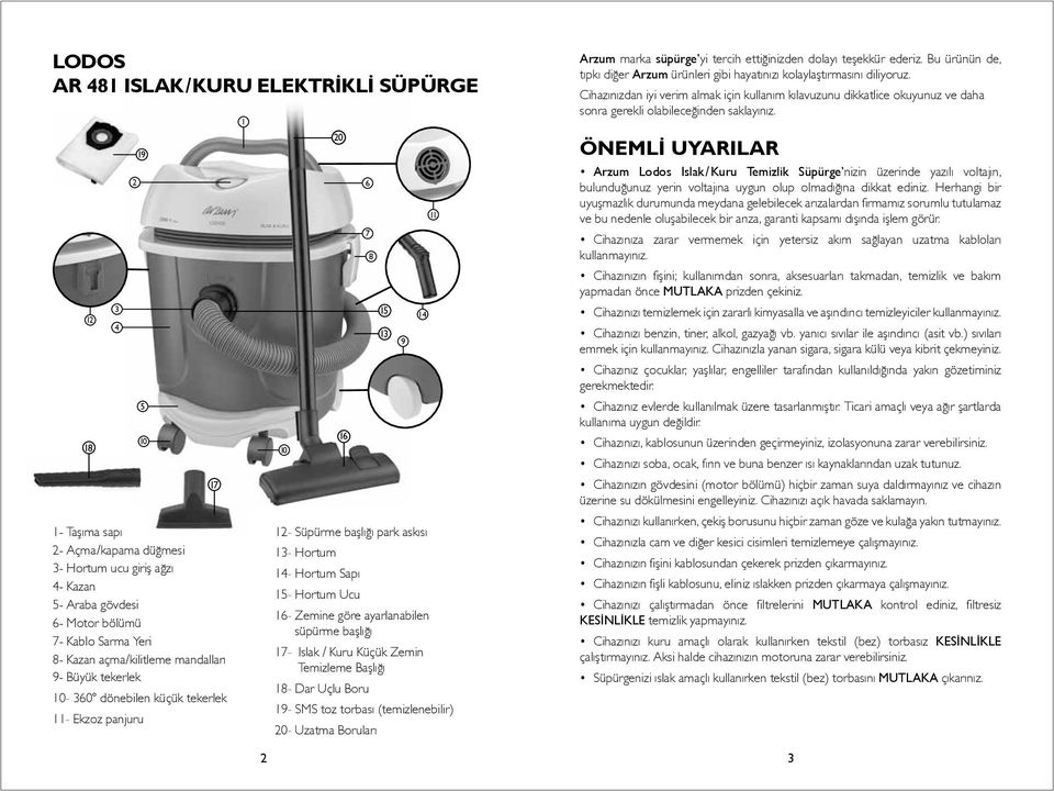 göre ayarlanabilen süpürme başlığı 17- Islak / Kuru Küçük Zemin Temizleme Başlığı 18- Dar Uçlu Boru 19- SMS toz torbası (temizlenebilir) 20- Uzatma Boruları 6 7 8 15 13 9 14 11 Arzum marka süpürge'yi