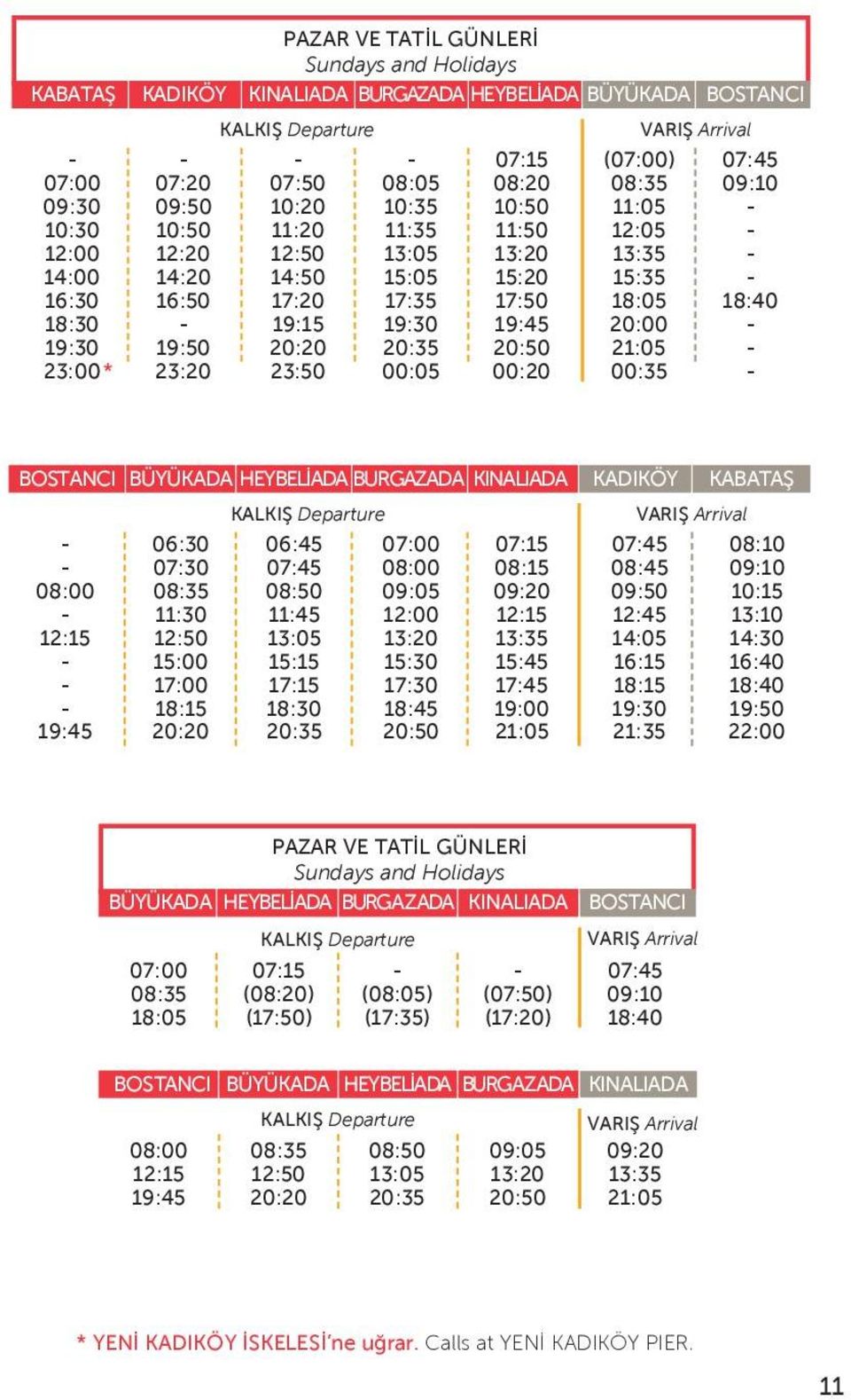 13:35 21:05 KADIKÖY KABATAŞ 14:05 21:35 PAZAR VE TATİL GÜNLERİ Sundays and Holidays BÜYÜKADA HEYBELİADA BURGAZADA KINALIADA () () (08:05) (17:35) () ()