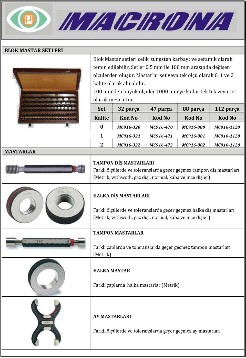 Set 32 parça 47 parça 88 parça 112 parça Kalite Kod No Kod No Kod No Kod No 0 MC916-320 MC916-470 MC916-880 MC916-1120 1 MC916-321 MC916-471 MC916-881 MC916-1120 MASTARLAR 2 MC916-322 MC916-472