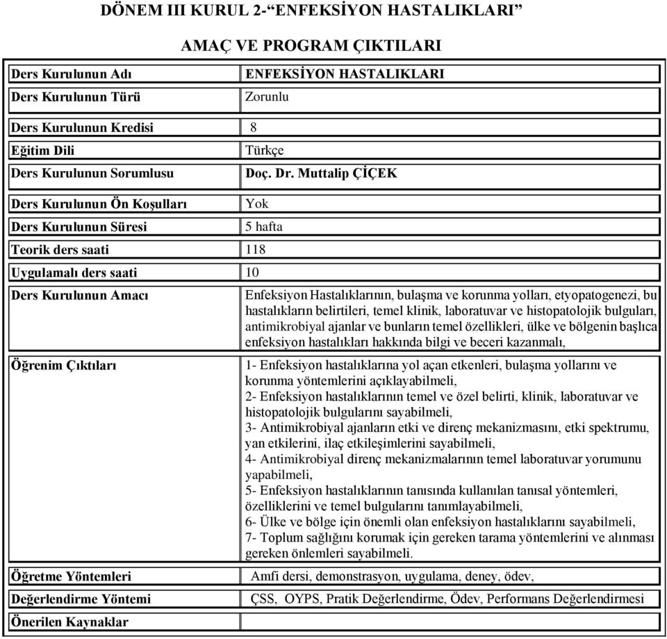 Muttalip ÇİÇEK Yok hafta Teorik ders saati 8 Uygulamalı ders saati 0 Ders Kurulunun Amacı Öğrenim Çıktıları Öğretme Yöntemleri Değerlendirme Yöntemi Önerilen Kaynaklar Enfeksiyon Hastalıklarının,