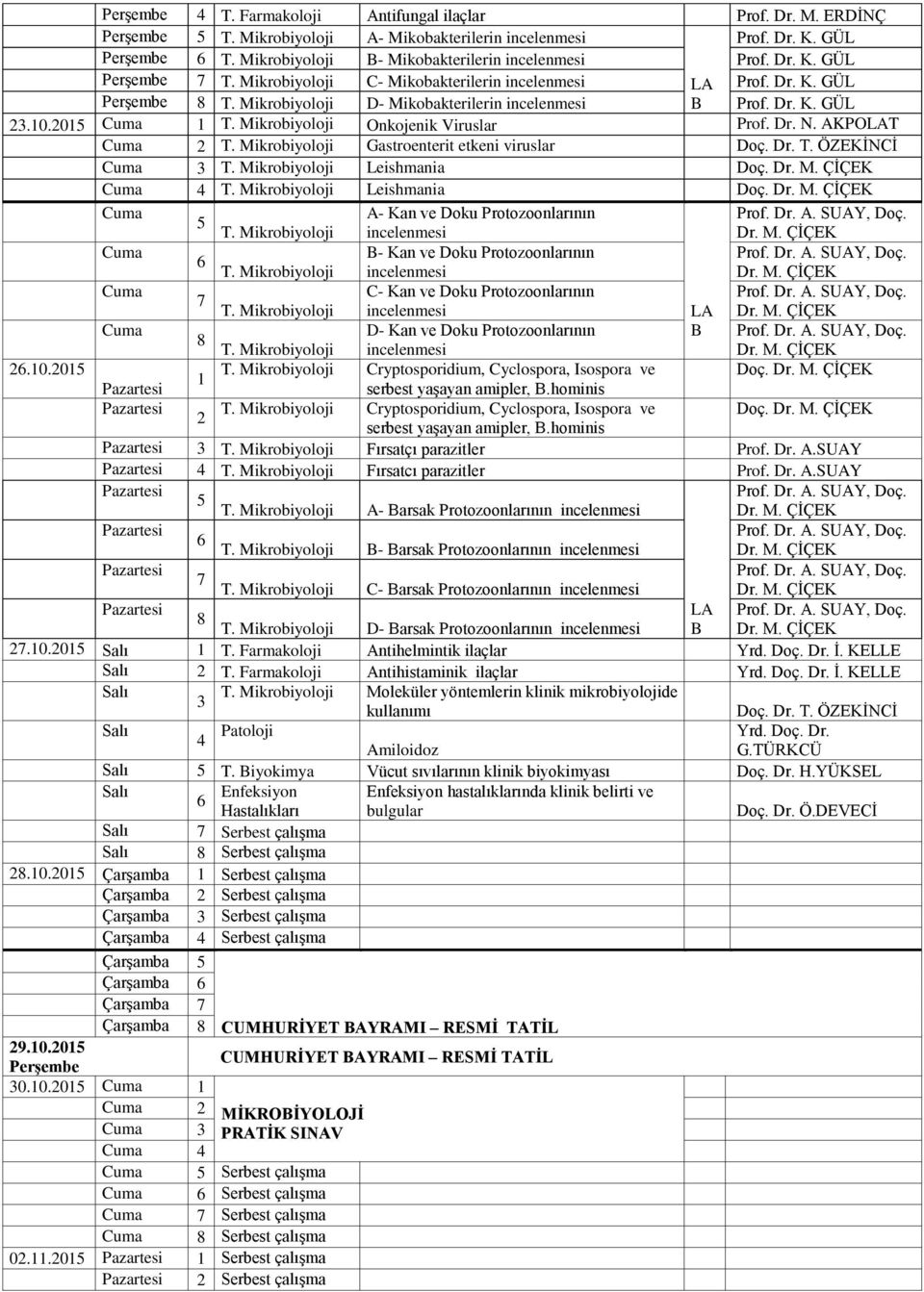Mikrobiyoloji D- Mikobakterilerin incelenmesi B Prof. Dr. K. GÜL.0.0 Cuma T. Mikrobiyoloji Onkojenik Viruslar Prof. Dr. N. AKPOLAT Cuma T. Mikrobiyoloji Gastroenterit etkeni viruslar Cuma T.