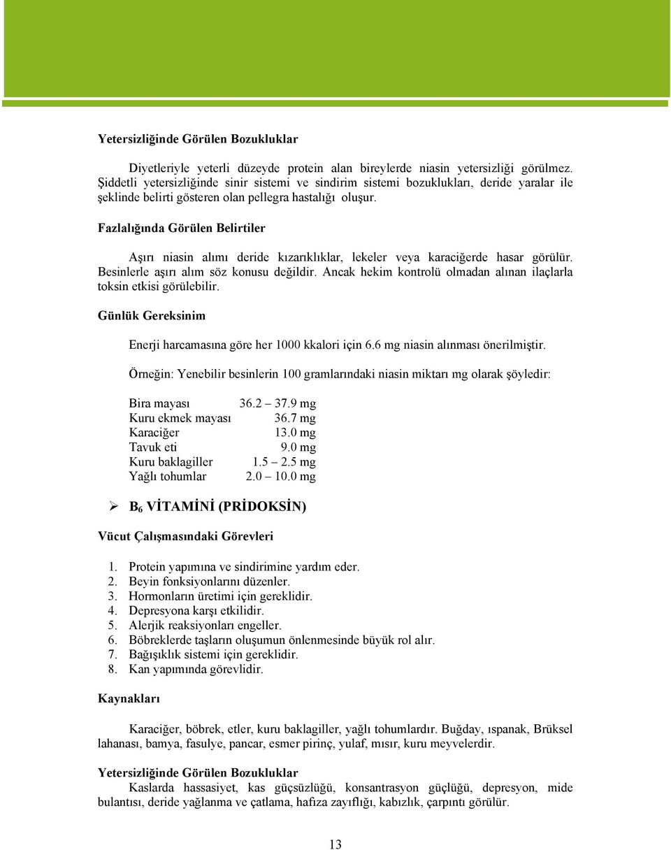 Fazlalığında Görülen Belirtiler Aşırı niasin alımı deride kızarıklıklar, lekeler veya karaciğerde hasar görülür. Besinlerle aşırı alım söz konusu değildir.