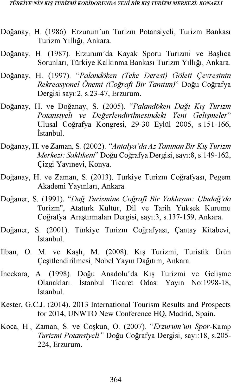 Palandöken (Teke Deresi) Göleti Çevresinin Rekreasyonel Önemi (Coğrafi Bir Tanıtım) Doğu Coğrafya Dergisi sayı:2, s.23-47, Erzurum. Doğanay, H. ve Doğanay, S. (2005).