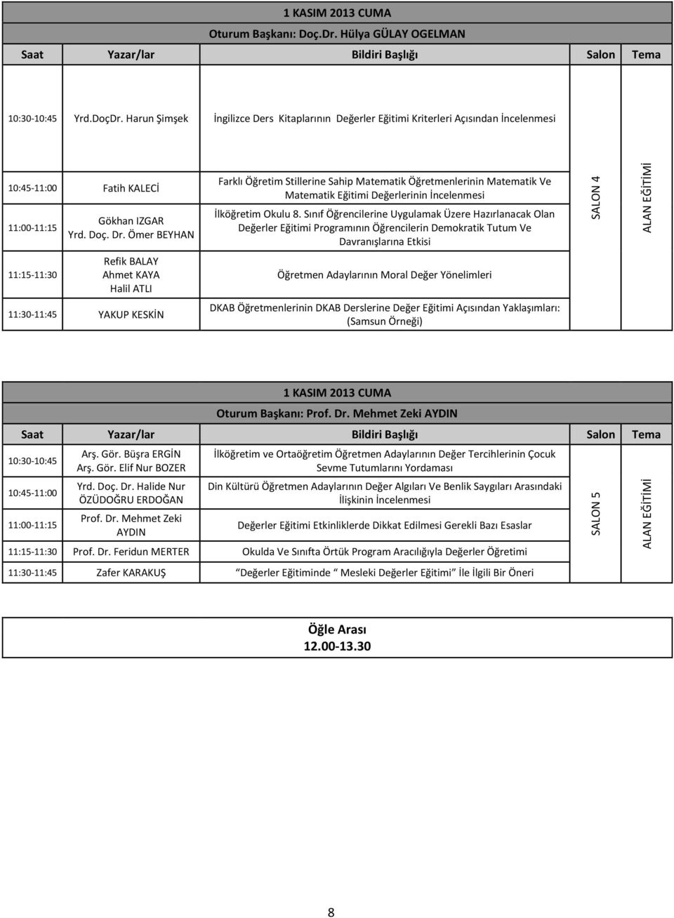 Ömer BEYHAN Refik BALAY Ahmet KAYA Halil ATLI 11:30-11:45 YAKUP KESKİN Farklı Öğretim Stillerine Sahip Matematik Öğretmenlerinin Matematik Ve Matematik Eğitimi Değerlerinin İncelenmesi İlköğretim