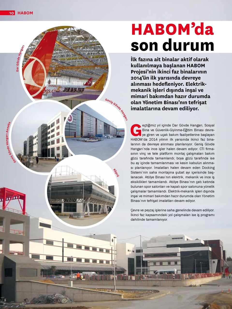 Geniş Gövde Hangarı Köprü Geçtiğimiz yıl içinde Dar Gövde Hangarı, Sosyal Bina ve Güvenlik-Giyinme-Eğitim Binası devreye giren ve uçak bakım faaliyetlerine başlayan HABOM da 2014 yılının ilk