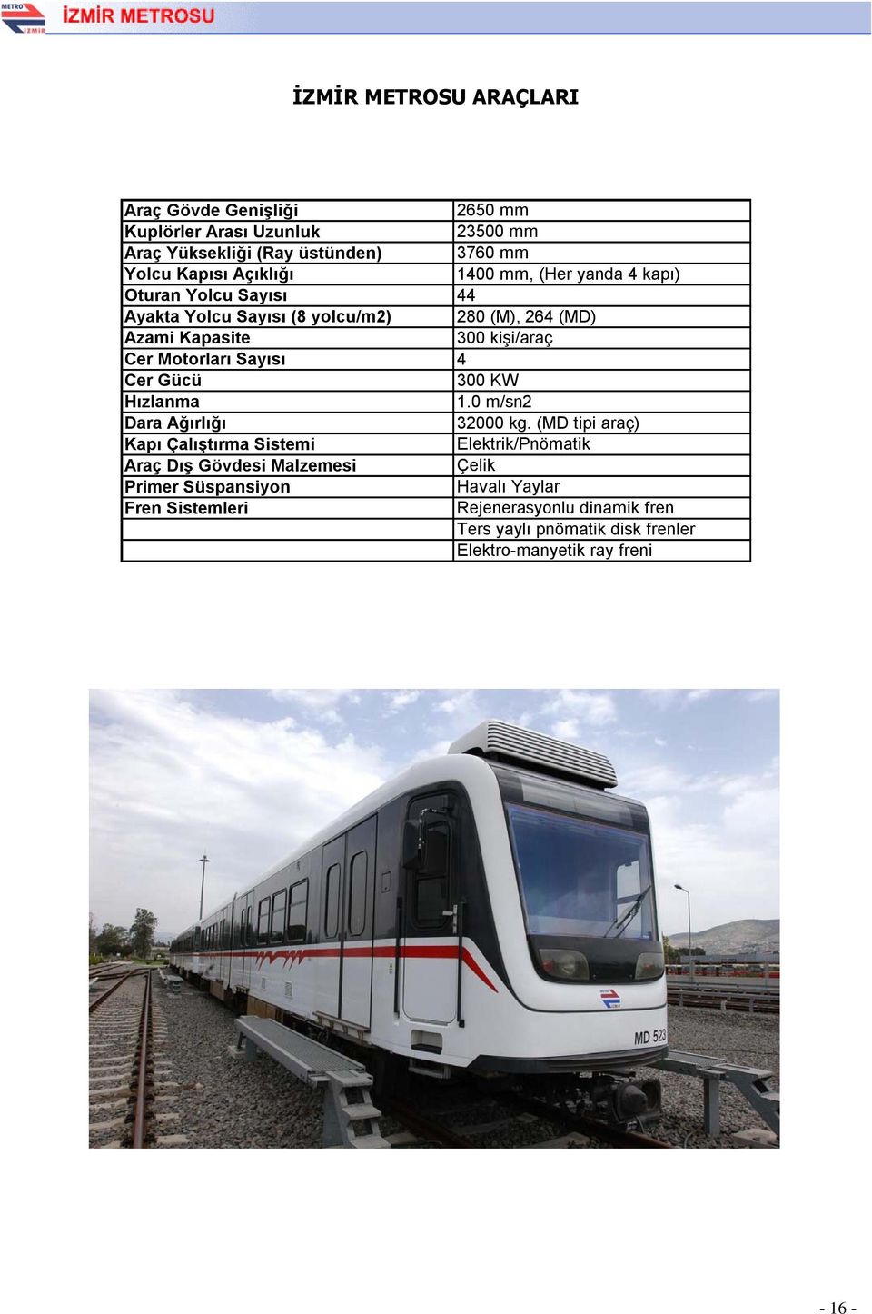 Sayısı 4 Cer Gücü 300 KW Hızlanma 1.0 m/sn2 Dara Ağırlığı 32000 kg.