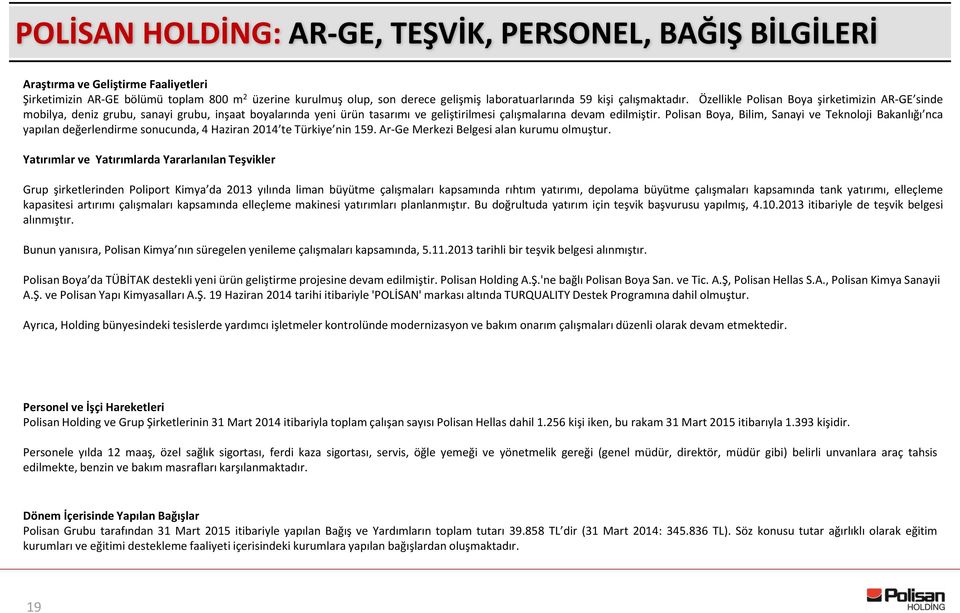 Polisan Boya, Bilim, Sanayi ve Teknoloji Bakanlığı nca yapılan değerlendirme sonucunda, 4 Haziran 2014 te Türkiye nin 159. Ar-Ge Merkezi Belgesi alan kurumu olmuştur.