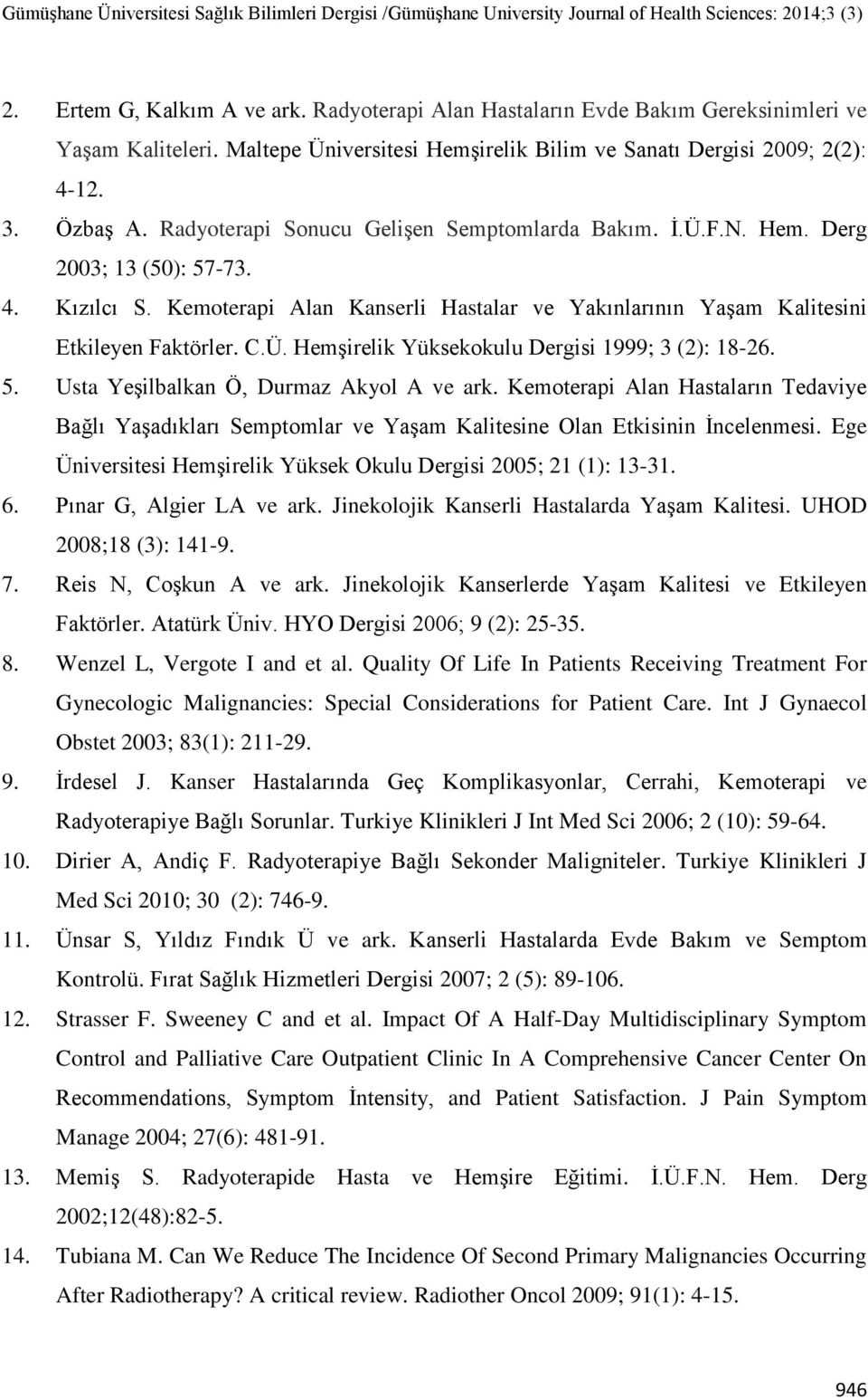 5. Usta Yeşilbalkan Ö, Durmaz Akyol A ve ark. Kemoterapi Alan Hastaların Tedaviye Bağlı Yaşadıkları Semptomlar ve Yaşam Kalitesine Olan Etkisinin İncelenmesi.