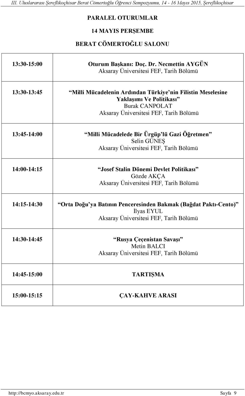 Necmettin AYGÜN 13:30-13:45 Milli Mücadelenin Ardından Türkiye nin Filistin Meselesine Yaklaşımı Ve Politikası Burak CANPOLAT 13:45-14:00 Milli Mücadelede Bir Ürgüp