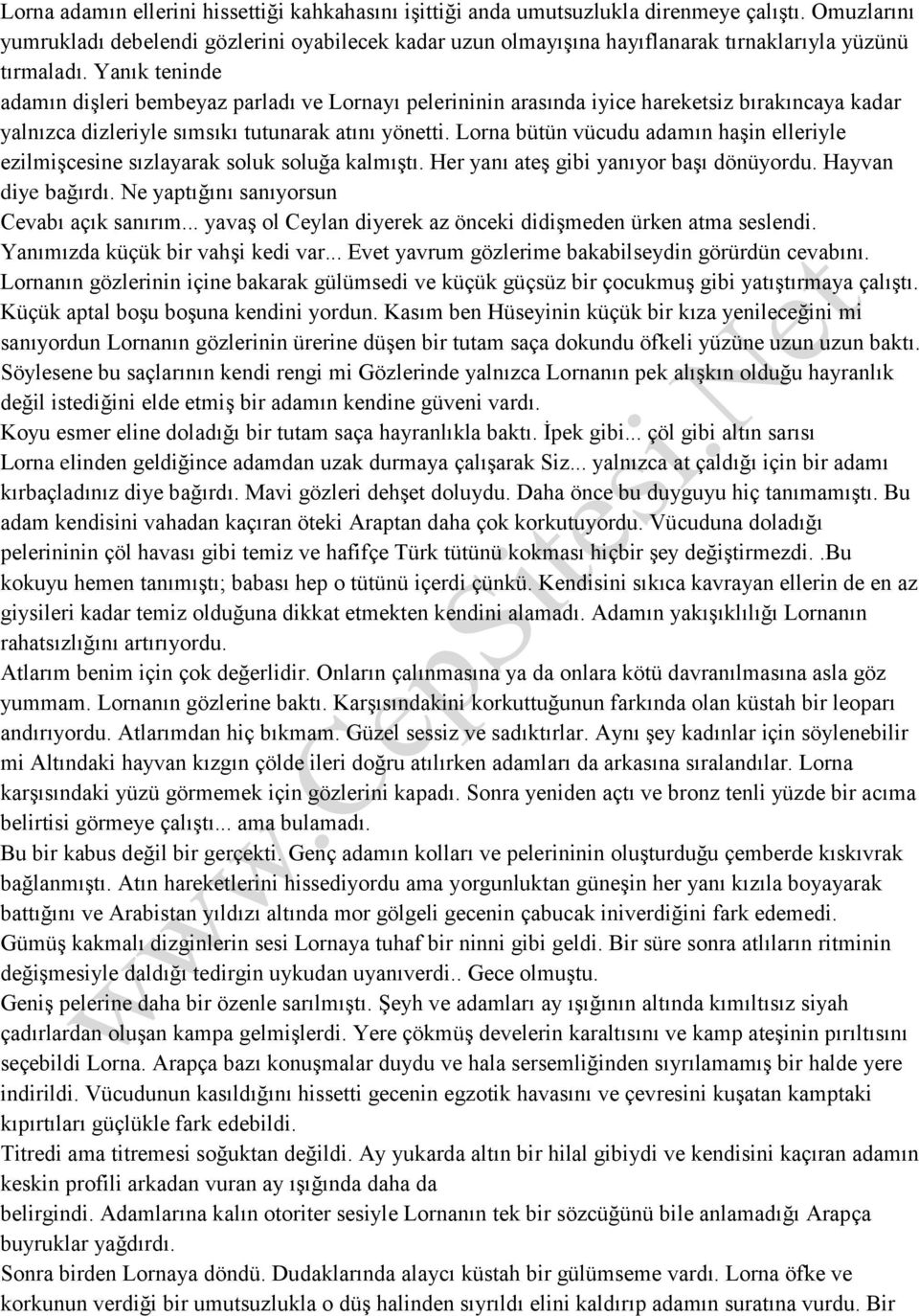 Yanık teninde adamın dişleri bembeyaz parladı ve Lornayı pelerininin arasında iyice hareketsiz bırakıncaya kadar yalnızca dizleriyle sımsıkı tutunarak atını yönetti.