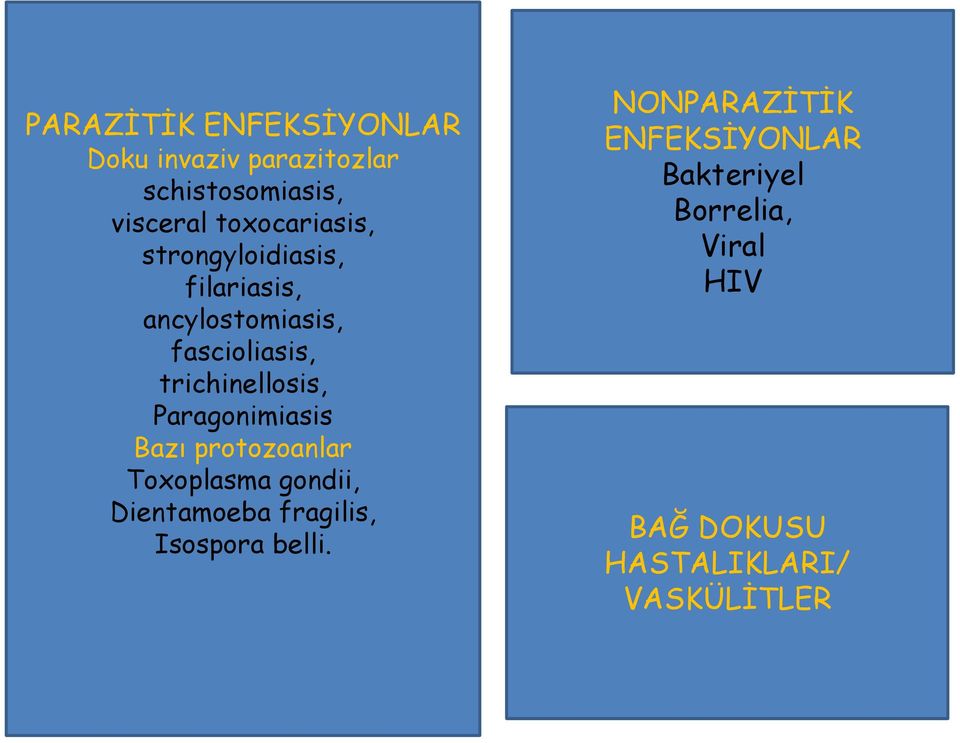 trichinellosis, Paragonimiasis Bazı protozoanlar Toxoplasma gondii, Dientamoeba