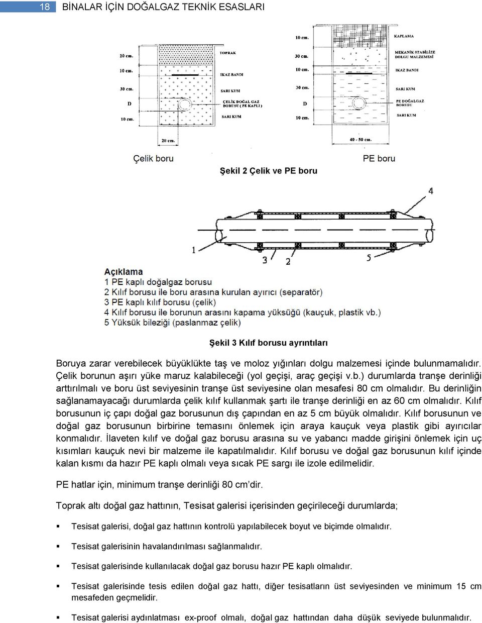 Bu derinliğin sağlanamayacağı durumlarda çelik kılıf kullanmak şartı ile tranşe derinliği en az 60 cm olmalıdır. Kılıf borusunun iç çapı doğal gaz borusunun dış çapından en az 5 cm büyük olmalıdır.