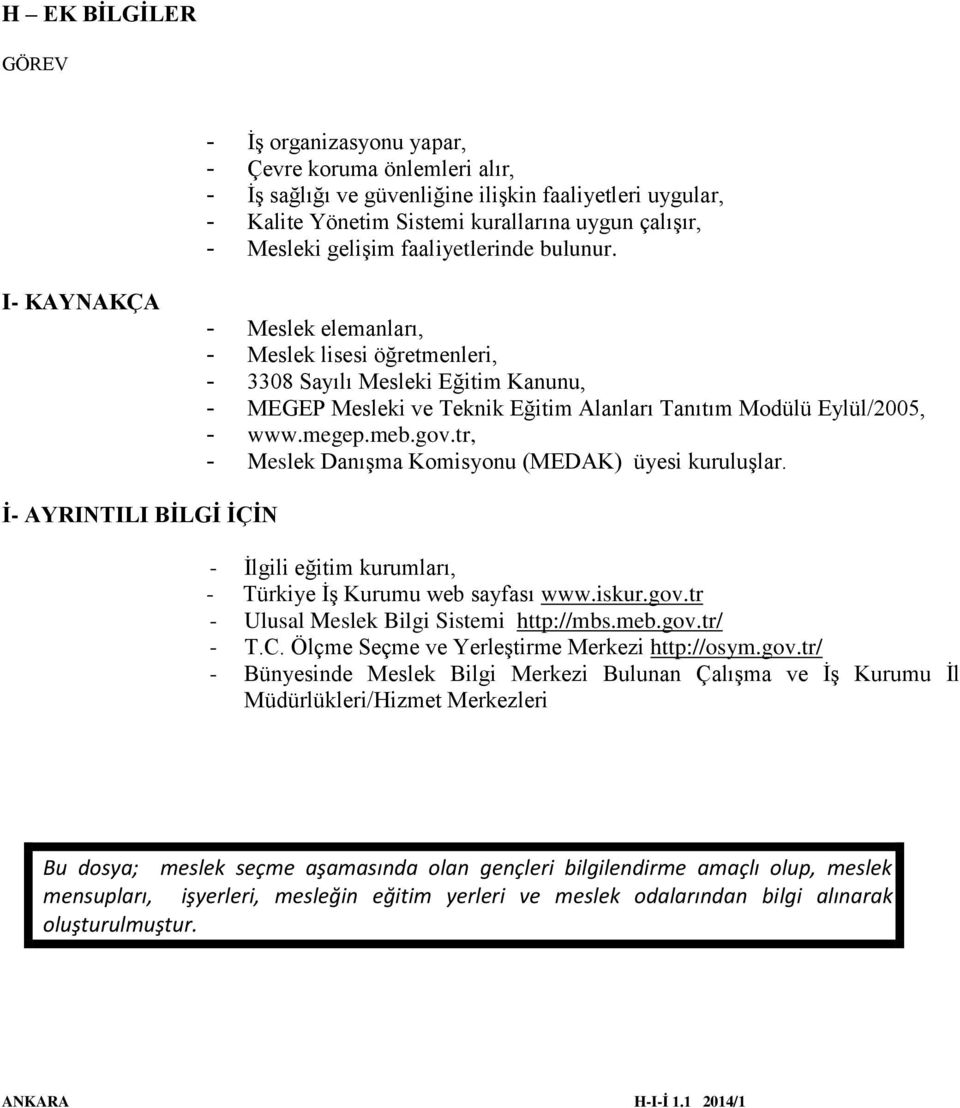 I- KAYNAKÇA - Meslek elemanları, - Meslek lisesi öğretmenleri, - 3308 Sayılı Mesleki Eğitim Kanunu, - MEGEP Mesleki ve Teknik Eğitim Alanları Tanıtım Modülü Eylül/2005, - www.megep.meb.gov.