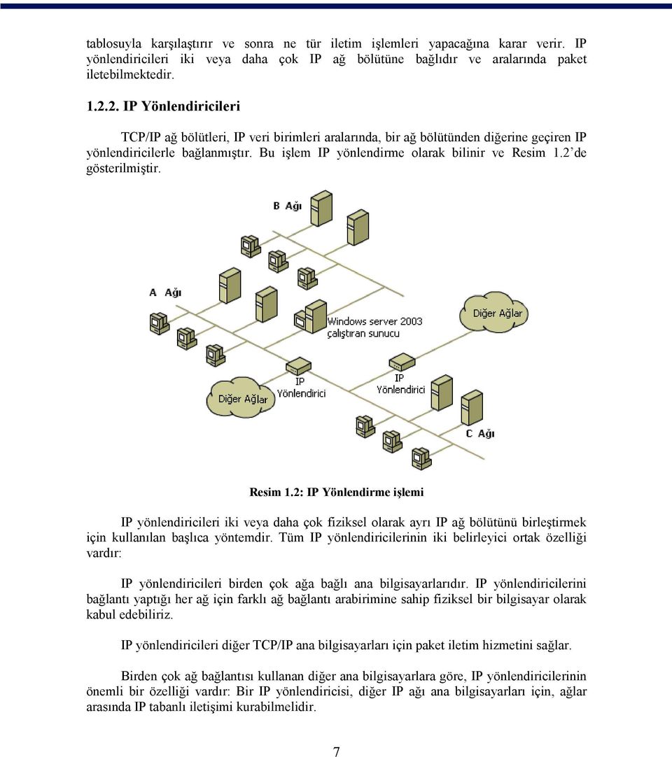 2 de gösterilmiştir. Resim 1.2: IP Yönlendirme işlemi IP yönlendiricileri iki veya daha çok fiziksel olarak ayrı IP ağ bölütünü birleştirmek için kullanılan başlıca yöntemdir.
