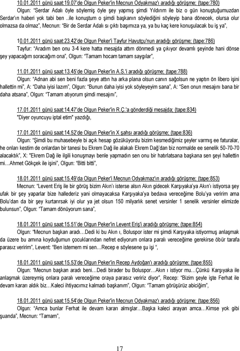 .ile konuştum o şimdi başkanın söylediğini söyleyip bana dönecek, olursa olur olmazsa da olmaz, Mecnun: Bir de Serdar Adalı sı çıktı başımıza ya, ya bu kaç kere konuşulacak bu iş ya, 10.01.