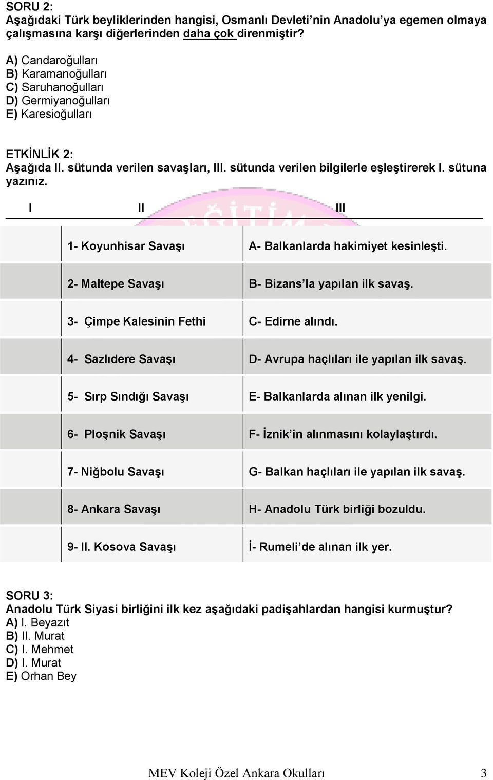 sütuna yazınız. I II III 1- Koyunhisar Savaşı A- Balkanlarda hakimiyet kesinleşti. 2- Maltepe Savaşı B- Bizans la yapılan ilk savaş. 3- Çimpe Kalesinin Fethi C- Edirne alındı.