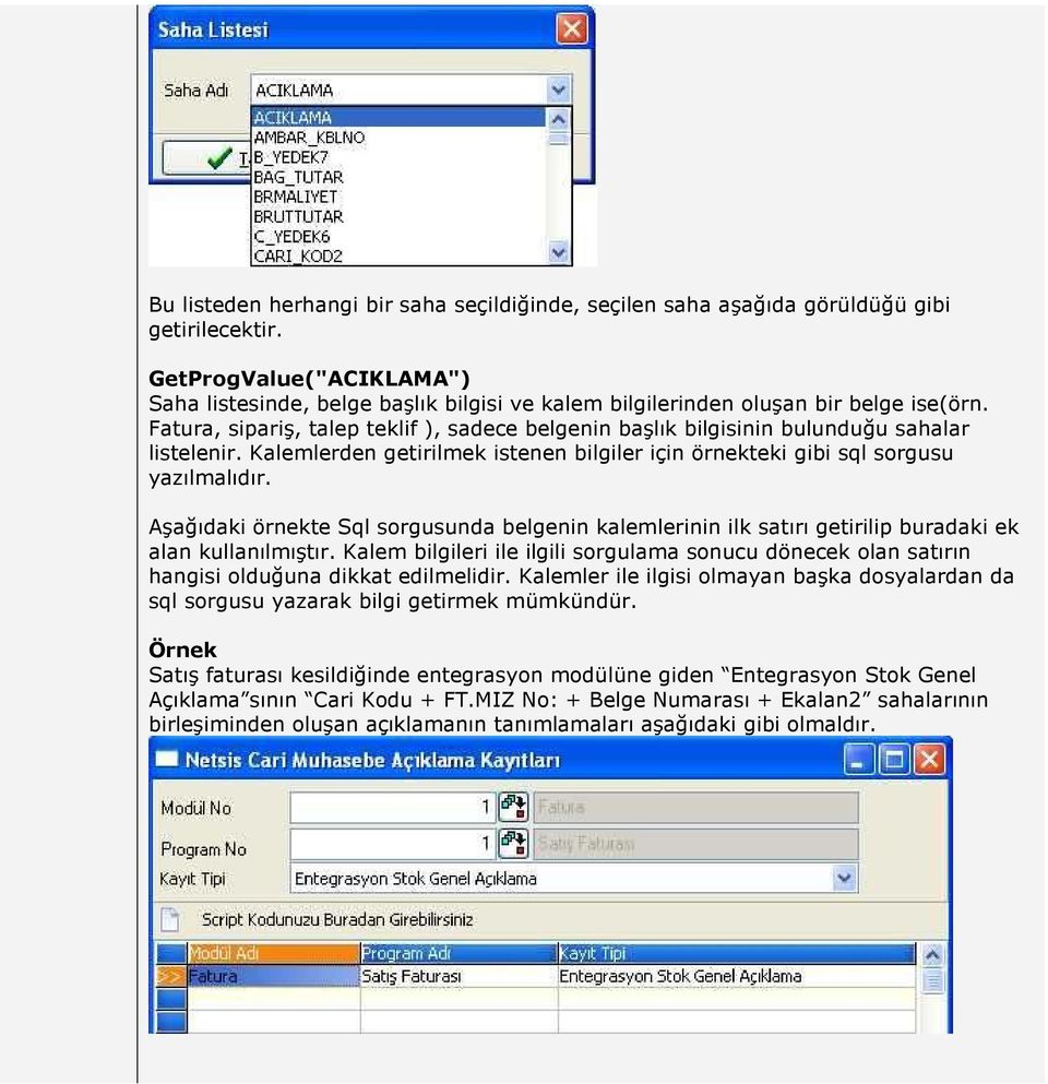 Fatura, sipariş, talep teklif ), sadece belgenin başlık bilgisinin bulunduğu sahalar listelenir. Kalemlerden getirilmek istenen bilgiler için örnekteki gibi sql sorgusu yazılmalıdır.