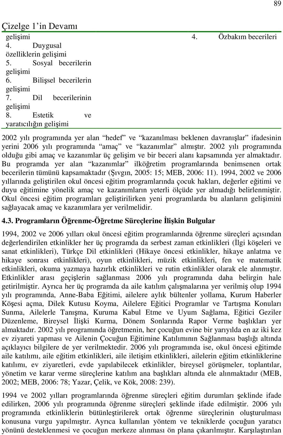 2002 yılı programında olduğu gibi amaç ve kazanımlar üç gelişim ve bir beceri alanı kapsamında yer almaktadır.