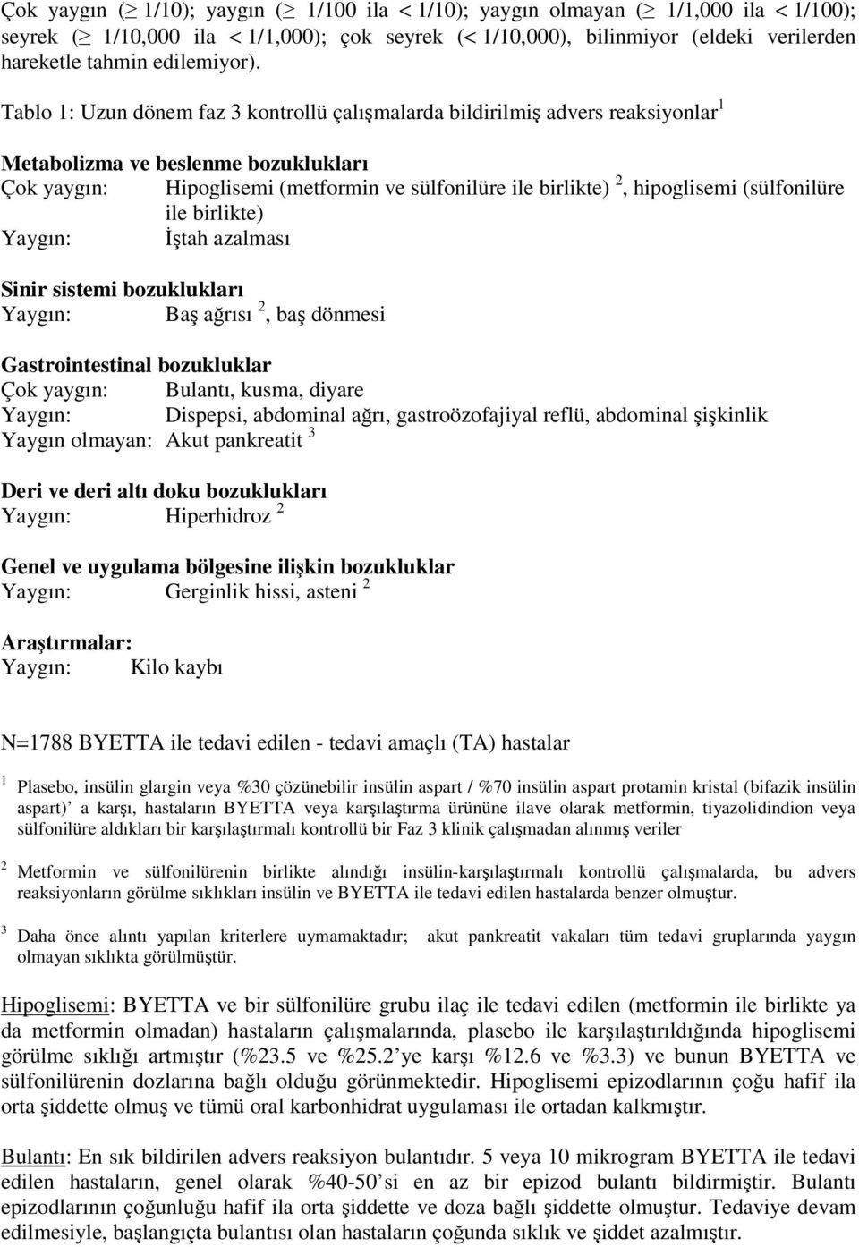 Tablo 1: Uzun dönem faz 3 kontrollü çalışmalarda bildirilmiş advers reaksiyonlar 1 Metabolizma ve beslenme bozuklukları Çok yaygın: Hipoglisemi (metformin ve sülfonilüre ile birlikte) 2, hipoglisemi