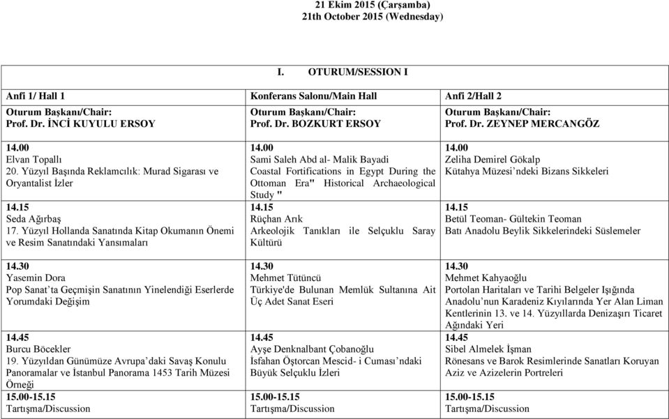 Yüzyıl Hollanda Sanatında Kitap Okumanın Önemi ve Resim Sanatındaki Yansımaları Yasemin Dora Pop Sanat ta Geçmişin Sanatının Yinelendiği Eserlerde Yorumdaki Değişim 14.45 Burcu Böcekler 19.