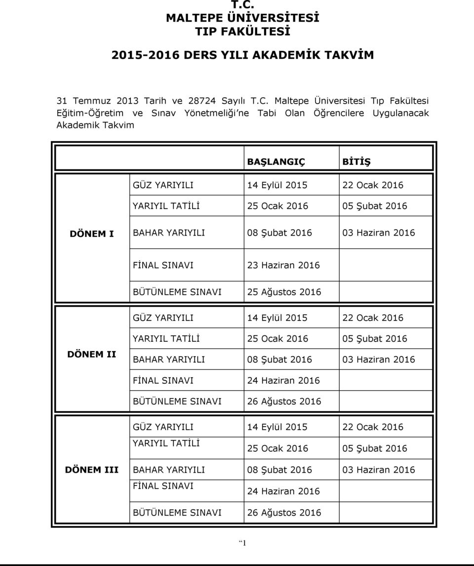 FİNAL SINAVI 23 Haziran 2016 BÜTÜNLEME SINAVI 25 Ağustos 2016 GÜZ YARIYILI 14 Eylül 2015 22 Ocak 2016 DÖNEM II YARIYIL TATİLİ 25 Ocak 2016 05 Şubat 2016 BAHAR YARIYILI 08 Şubat 2016 03 Haziran 2016