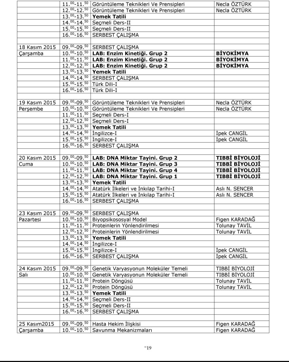 50 LAB: Enzim Kinetiği. Grup 2 BİYOKİMYA 14. 00-14. 50 SERBEST ÇALIŞMA 15. 00-15. 50 Türk Dili-I 16. 00-16. 50 Türk Dili-I 19 Kasım 2015 09. 00-09.