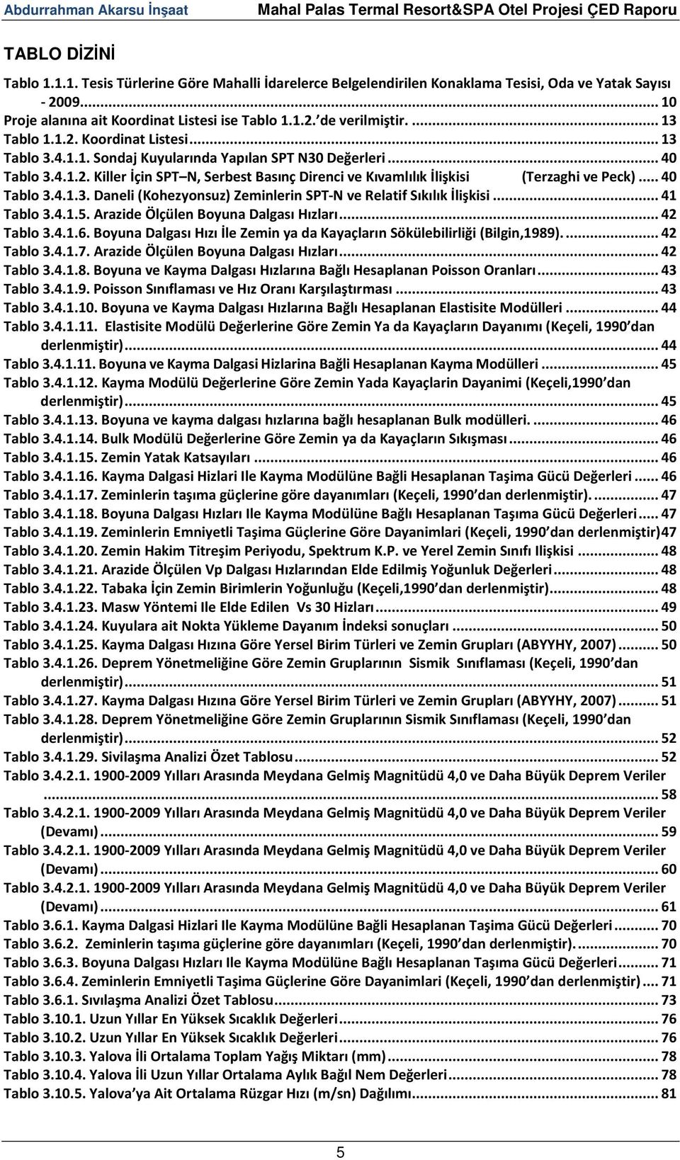 .. 40 Tablo 3.4.1.3. Daneli (Kohezyonsuz) Zeminlerin SPT-N ve Relatif Sıkılık İlişkisi... 41 Tablo 3.4.1.5. Arazide Ölçülen Boyuna Dalgası Hızları... 42 Tablo 3.4.1.6.