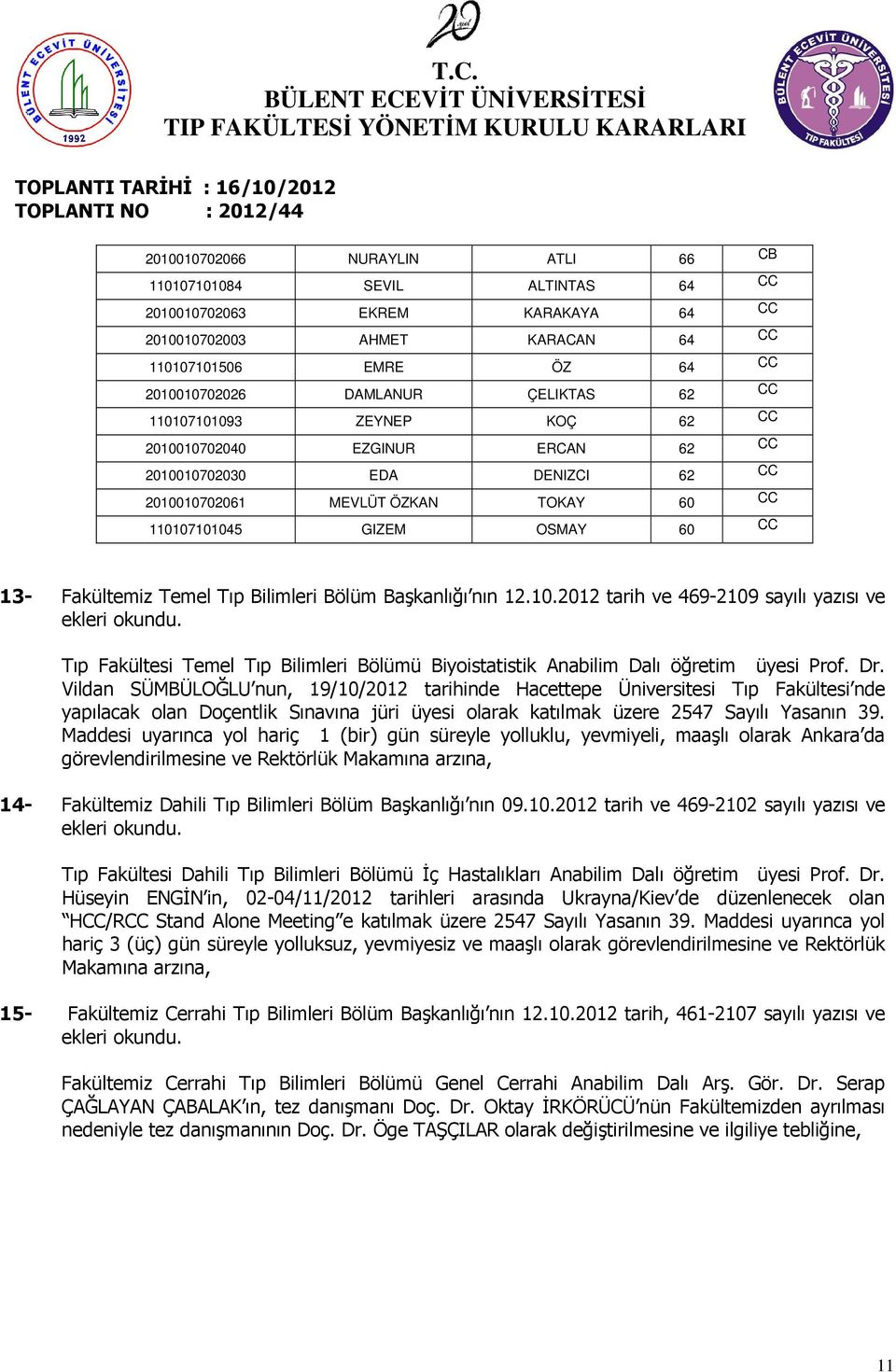 Bilimleri Bölüm Başkanlığı nın 12.10.2012 tarih ve 469-2109 sayılı yazısı ve Tıp Fakültesi Temel Tıp Bilimleri Bölümü Biyoistatistik Anabilim Dalı öğretim üyesi Prof. Dr.