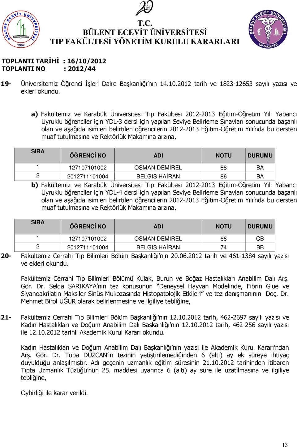 Sınavları sonucunda başarılı olan ve aşağıda isimleri belirtilen öğrencilerin 2012-2013 Eğitim-Öğretim Yılı nda bu dersten muaf tutulmasına ve Rektörlük Makamına arzına, SIRA ÖĞRENCİ NO ADI NOTU