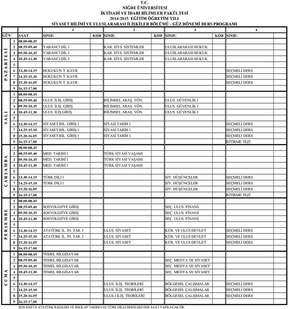 SEÇMELİ DERS 7 1.2-1.10 HUKUKUN T. KAVR. SEÇMELİ DERS 1.20-16.0 HUKUKUN T. KAVR. SEÇMELİ DERS 9 16.1-17.00 1 0.00-0. 2 0.-09.0 ULUS. İLİŞ. GİRİŞ BİLİMSEL ARAŞ. YÖN. ULUS. GÜVENLİK I 3 09.0-10.3 ULUS.