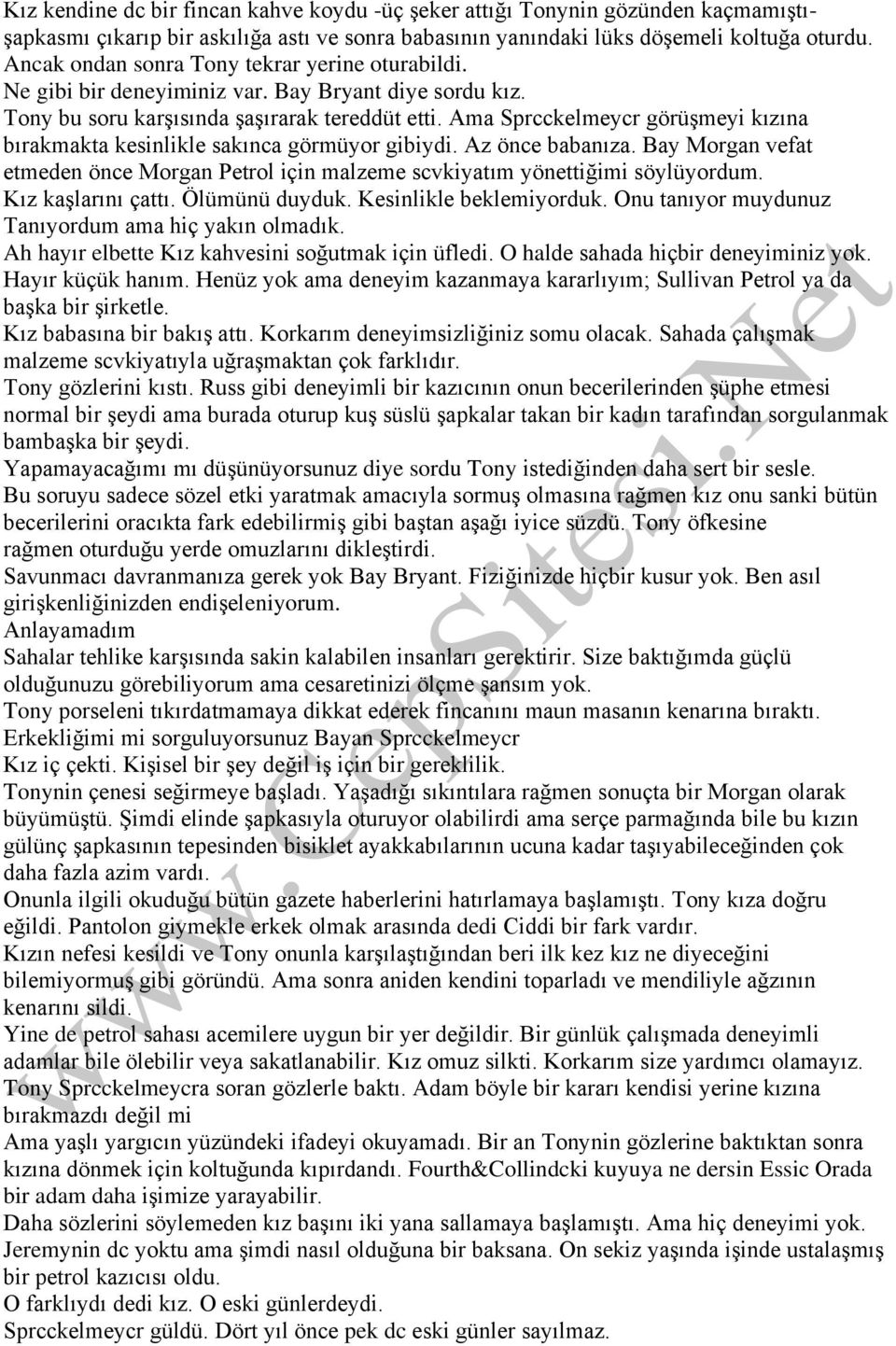 Ama Sprcckelmeycr görüşmeyi kızına bırakmakta kesinlikle sakınca görmüyor gibiydi. Az önce babanıza. Bay Morgan vefat etmeden önce Morgan Petrol için malzeme scvkiyatım yönettiğimi söylüyordum.