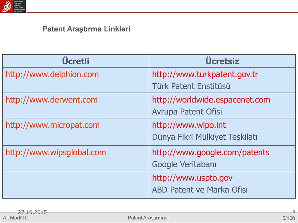 espacenet.com Avrupa Patent Ofisi http://www.wipo.int Dünya Fikri Mülkiyet Teşkilatı http://www.google.