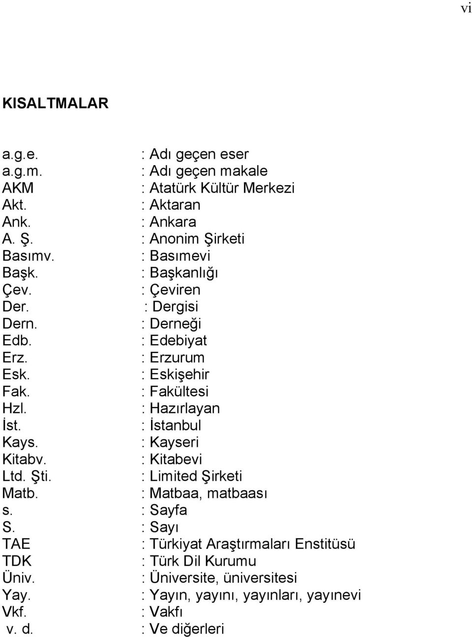 : Eskişehir Fak. : Fakültesi Hzl. : Hazırlayan İst. : İstanbul Kays. : Kayseri Kitabv. : Kitabevi Ltd. Şti. : Limited Şirketi Matb.