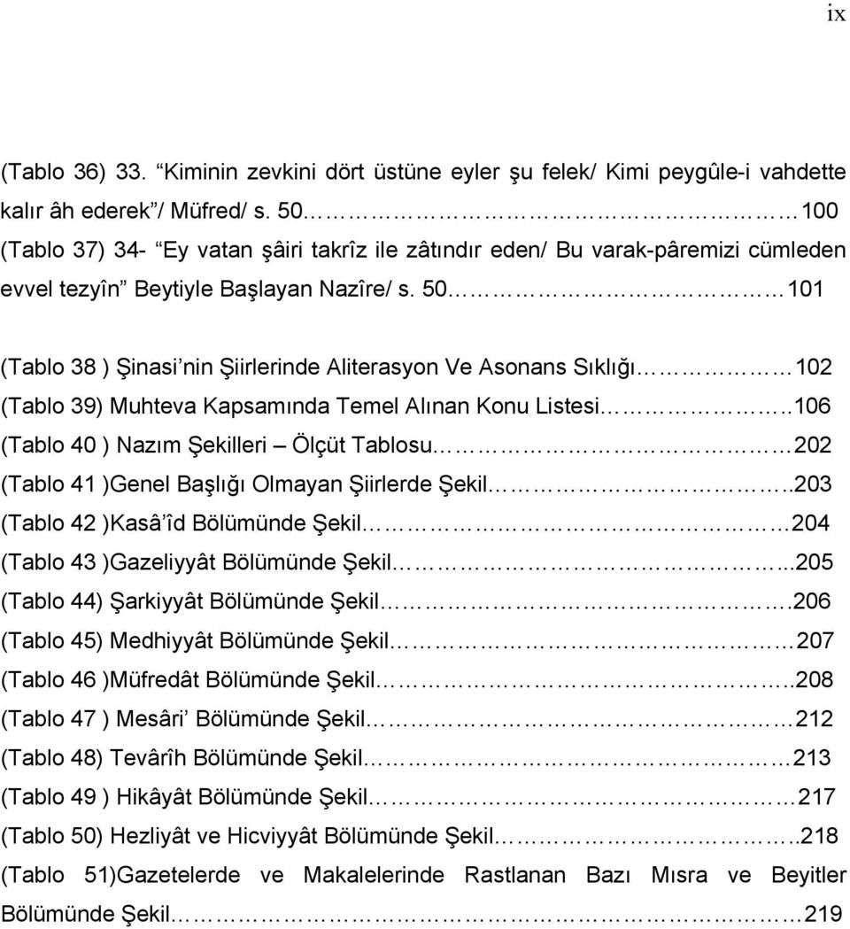 50 101 (Tablo 38 ) Şinasi nin Şiirlerinde Aliterasyon Ve Asonans Sıklığı 102 (Tablo 39) Muhteva Kapsamında Temel Alınan Konu Listesi.