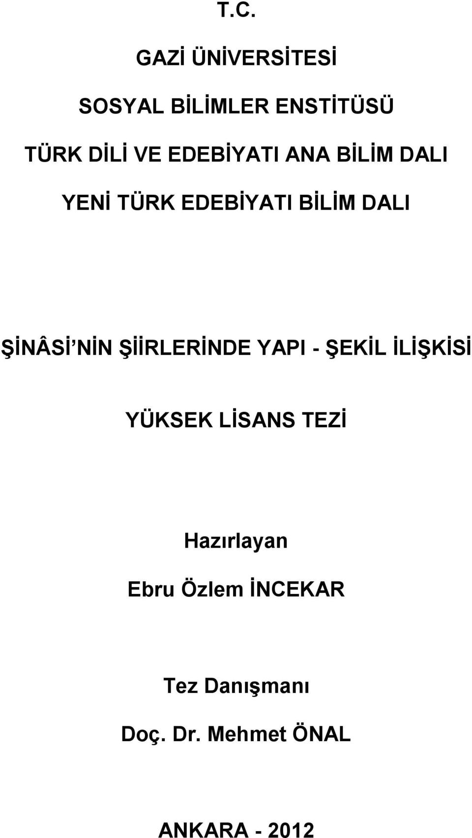 NİN ŞİİRLERİNDE YAPI - ŞEKİL İLİŞKİSİ YÜKSEK LİSANS TEZİ