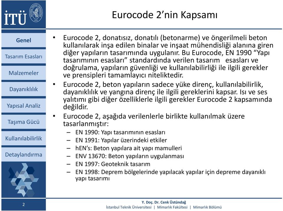 niteliktedir. Eurocode 2, beton yapıların sadece yüke direnç, kullanılabilirlik, dayanıklılık ve yangına direnç ile ilgili gereklerini kapsar.