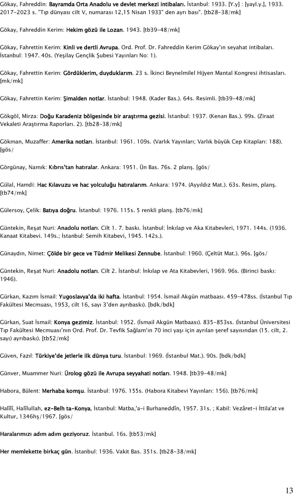 İstanbul: 1947. 40s. (Yeşilay Gençlik Şubesi Yayınları No: 1). Gökay, Fahrettin Kerim: Gördüklerim, duyduklarım. 23 s. İkinci Beynelmilel Hijyen Mantal Kongresi ihtisasları.