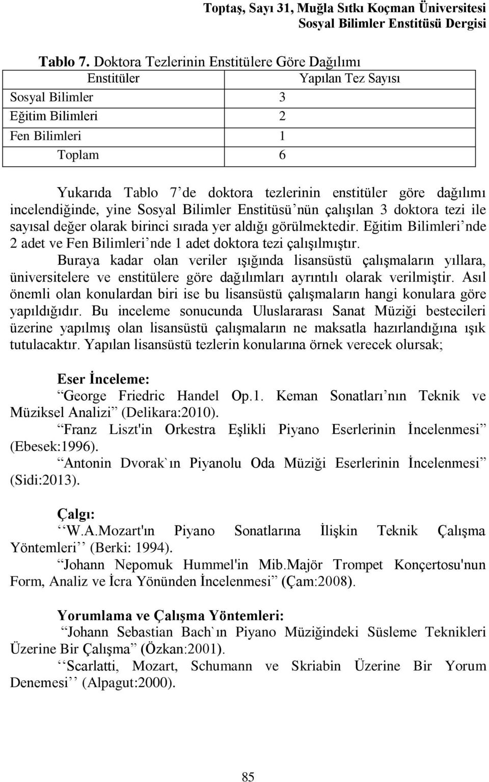 yine Sosyal Bilimler Enstitüsü nün çalışılan 3 doktora tezi ile sayısal değer olarak birinci sırada yer aldığı görülmektedir.