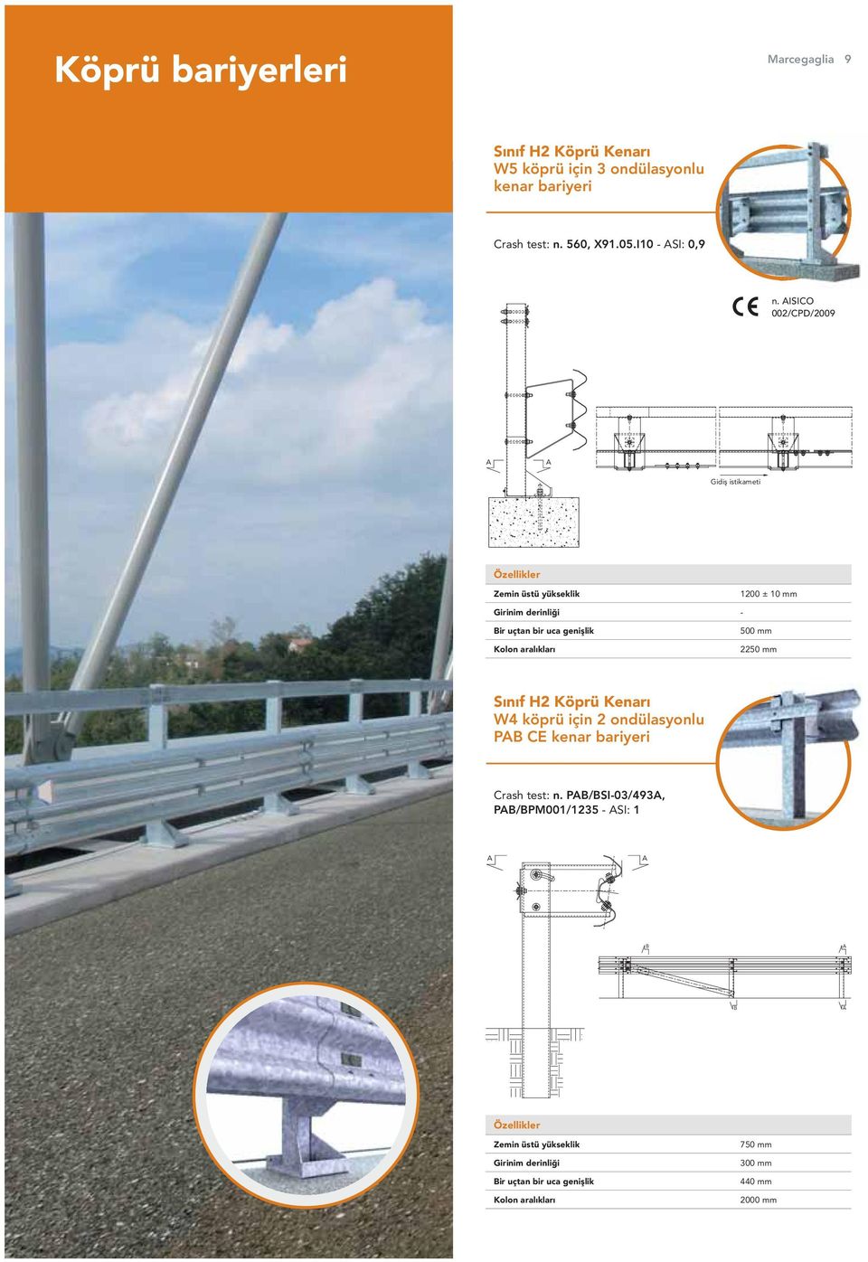 ISICO 002/CPD/2009 1200 ± 10 mm - 500 mm 2250 mm Sınıf H2 Köprü Kenarı W4 köprü için 2