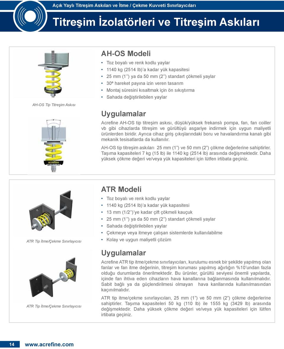 Acrefine AH-OS tip titreşim askısı, düşük/yüksek frekanslı pompa, fan, fan coiller vb gibi cihazlarda titreşim ve gürültüyü asgariye indirmek için uygun maliyetli ürünlerden biridir.