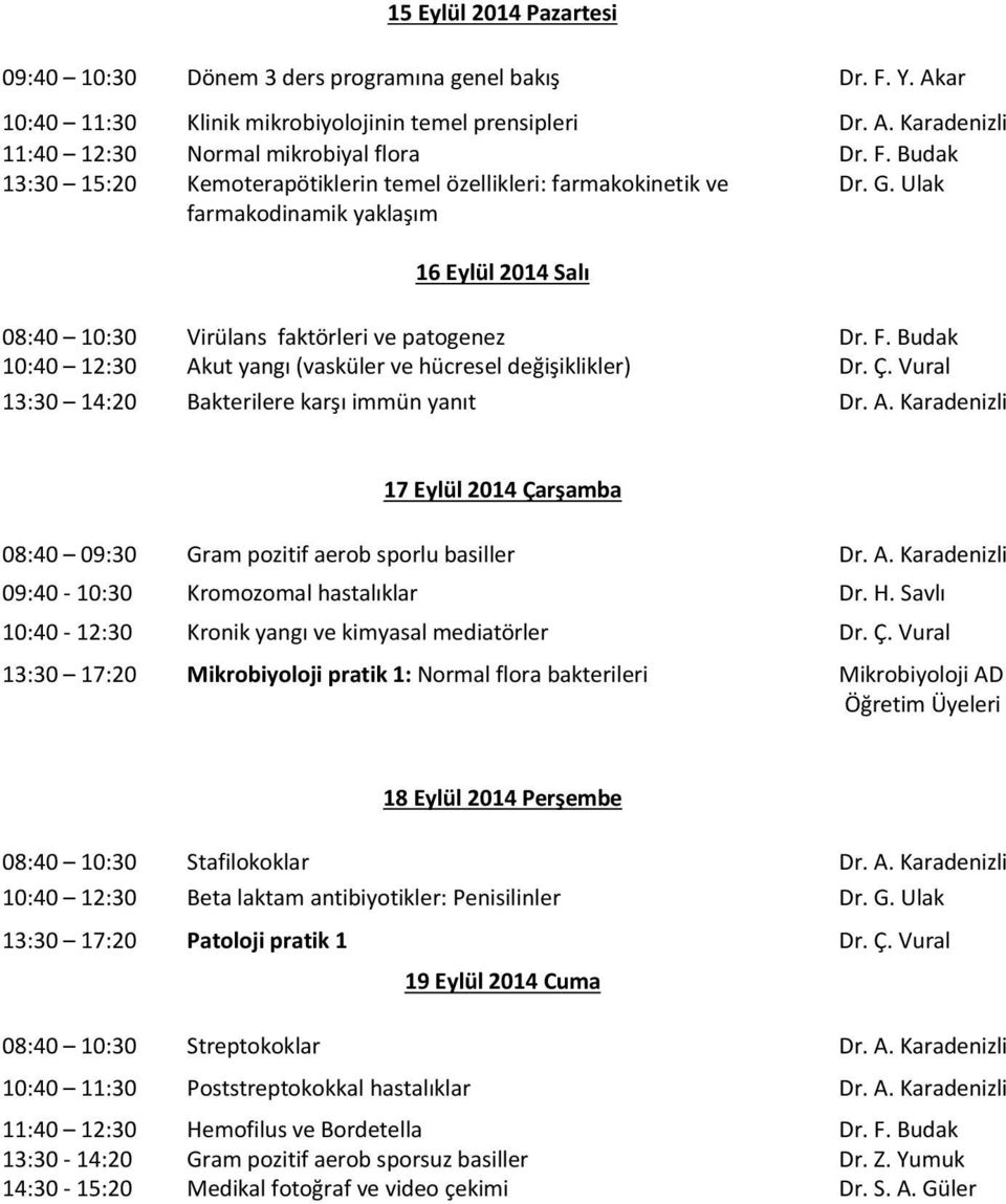 Budak 10:40 12:30 Akut yangı (vasküler ve hücresel değişiklikler) Dr. Ç. Vural 13:30 14:20 Bakterilere karşı immün yanıt Dr. A. Karadenizli 17 Eylül 2014 Çarşamba 08:40 09:30 Gram pozitif aerob sporlu basiller Dr.