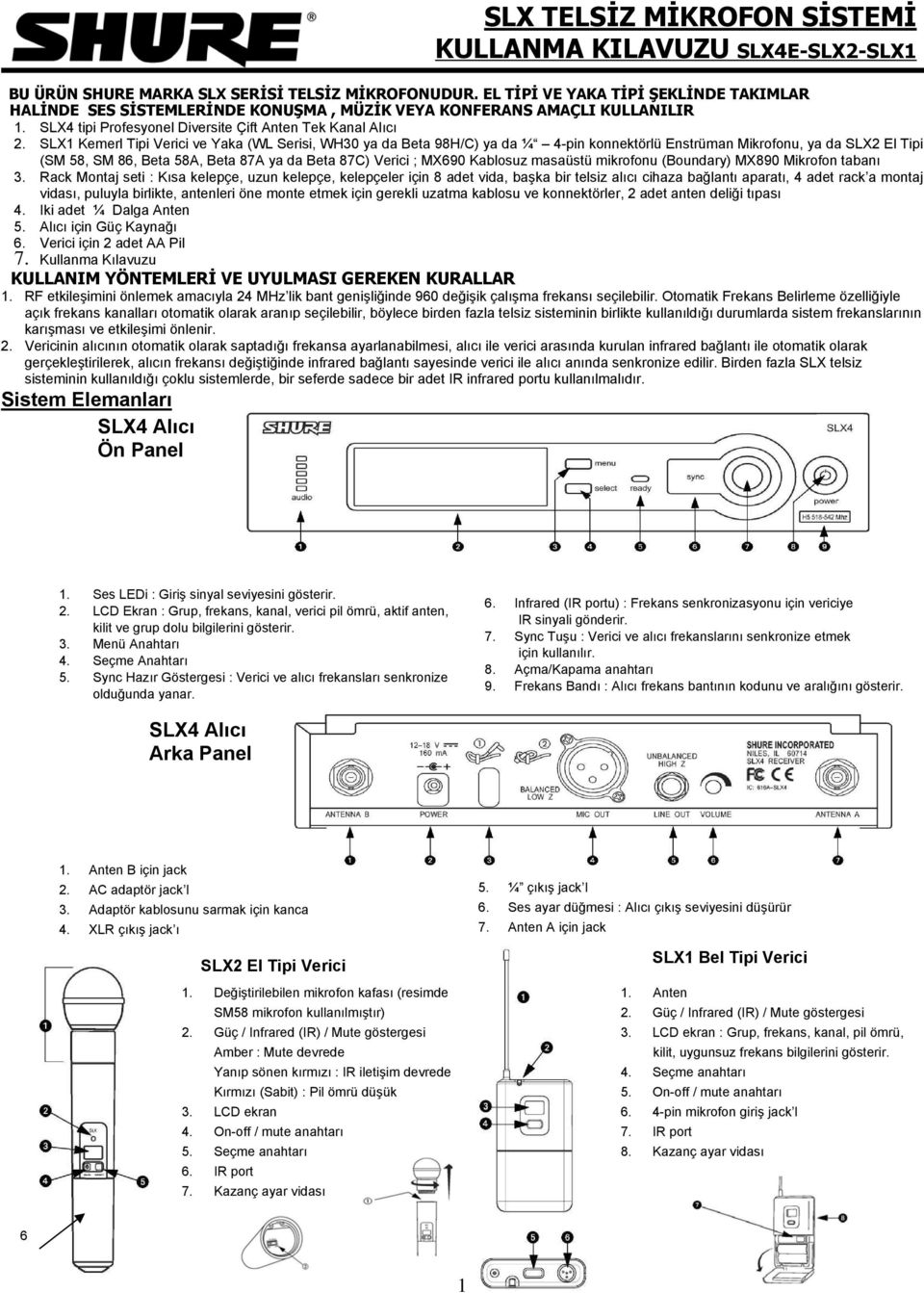 SLX1 Kemerl Tipi Verici ve Yaka (WL Serisi, WH30 ya da Beta 98H/C) ya da ¼ 4-pin konnektörlü Enstrüman Mikrofonu, ya da SLX2 El Tipi (SM 58, SM 86, Beta 58A, Beta 87A ya da Beta 87C) Verici ; MX690